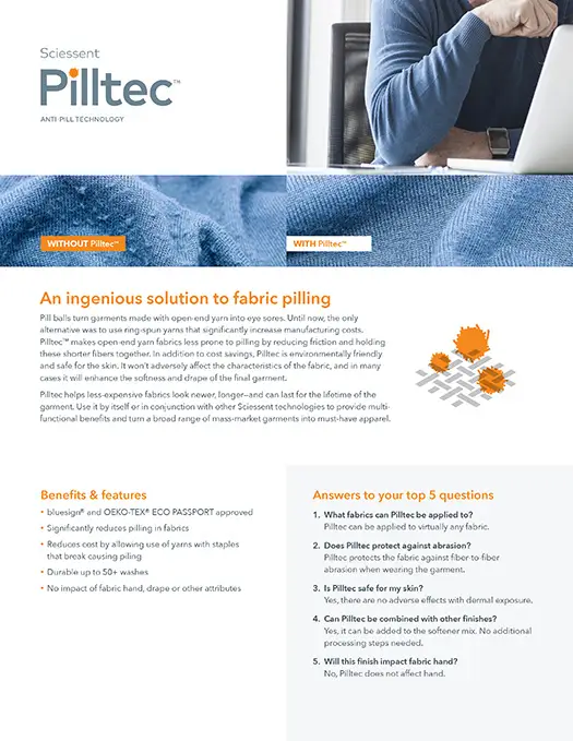 Sciessent Pilltec Anti Pill technology sell sheet.